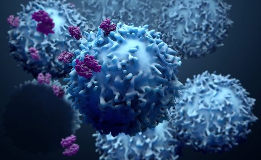 3d illustration proteins with lymphocytes , t cells or cancer cells